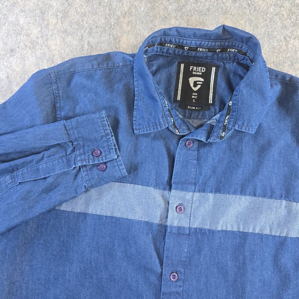 FRIED Denim Shirt Men's L Slim Fit Blue Long Sleeve Button Up Lightweight Stripe